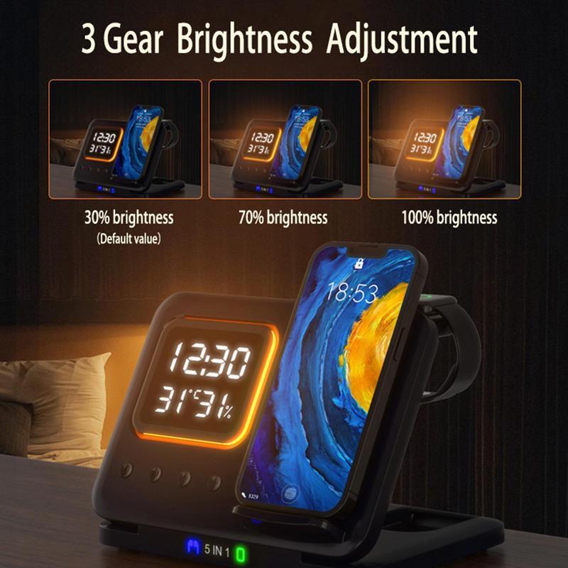 Aurelian & Co. 15W 5-in-1 Wireless Charging Stand – Fast Charge Dock with LED Digital Clock, Alarm, Temperature & Humidity Display
