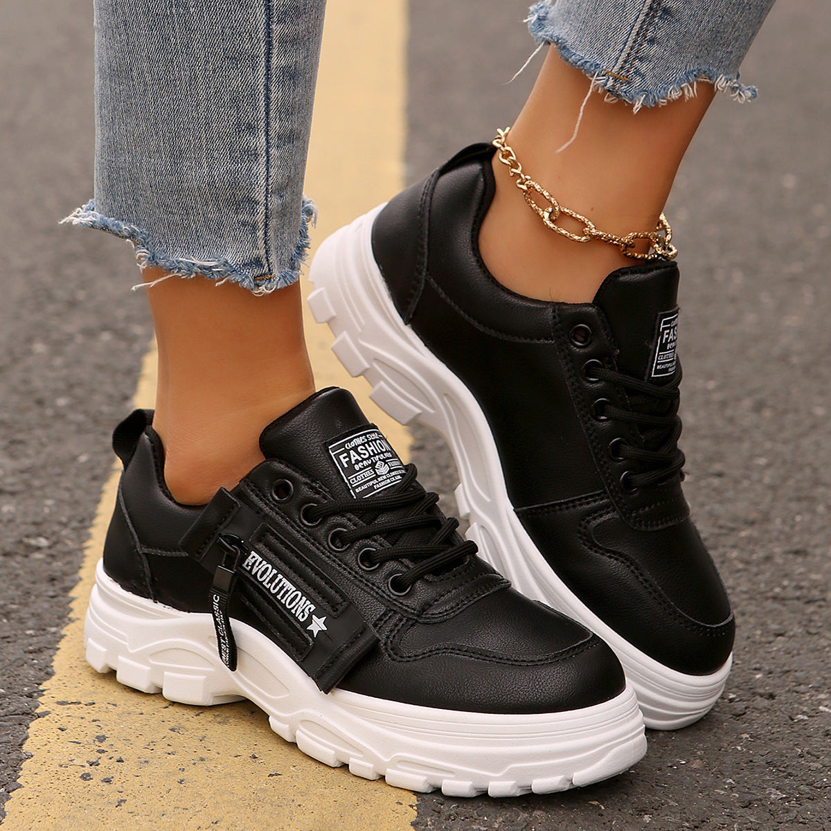 Aurelian & Co. Women's Fashion Sneakers – Lace-Up with Side Zipper, Thick Sole, Round Toe Design