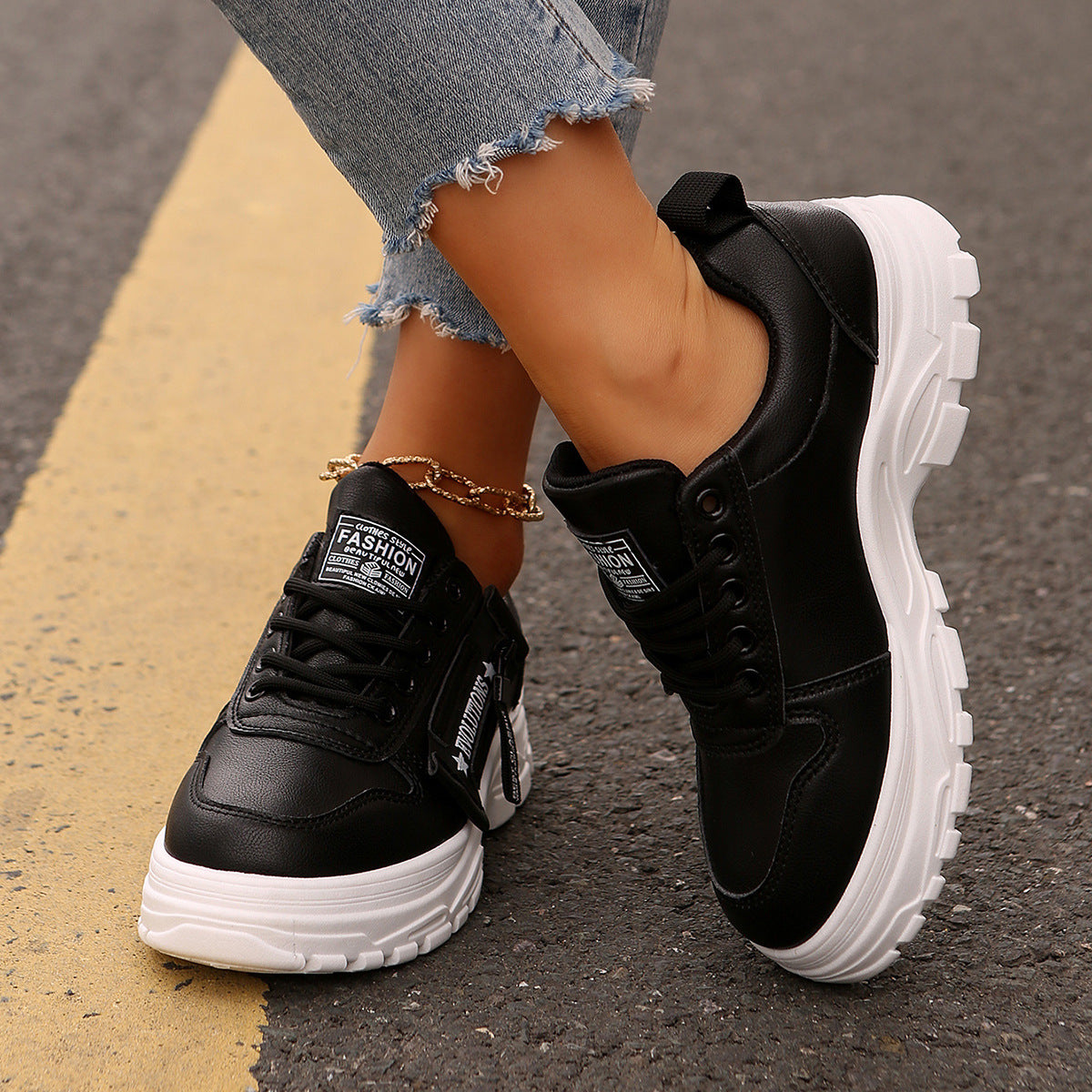 Aurelian & Co. Women's Fashion Sneakers – Lace-Up with Side Zipper, Thick Sole, Round Toe Design