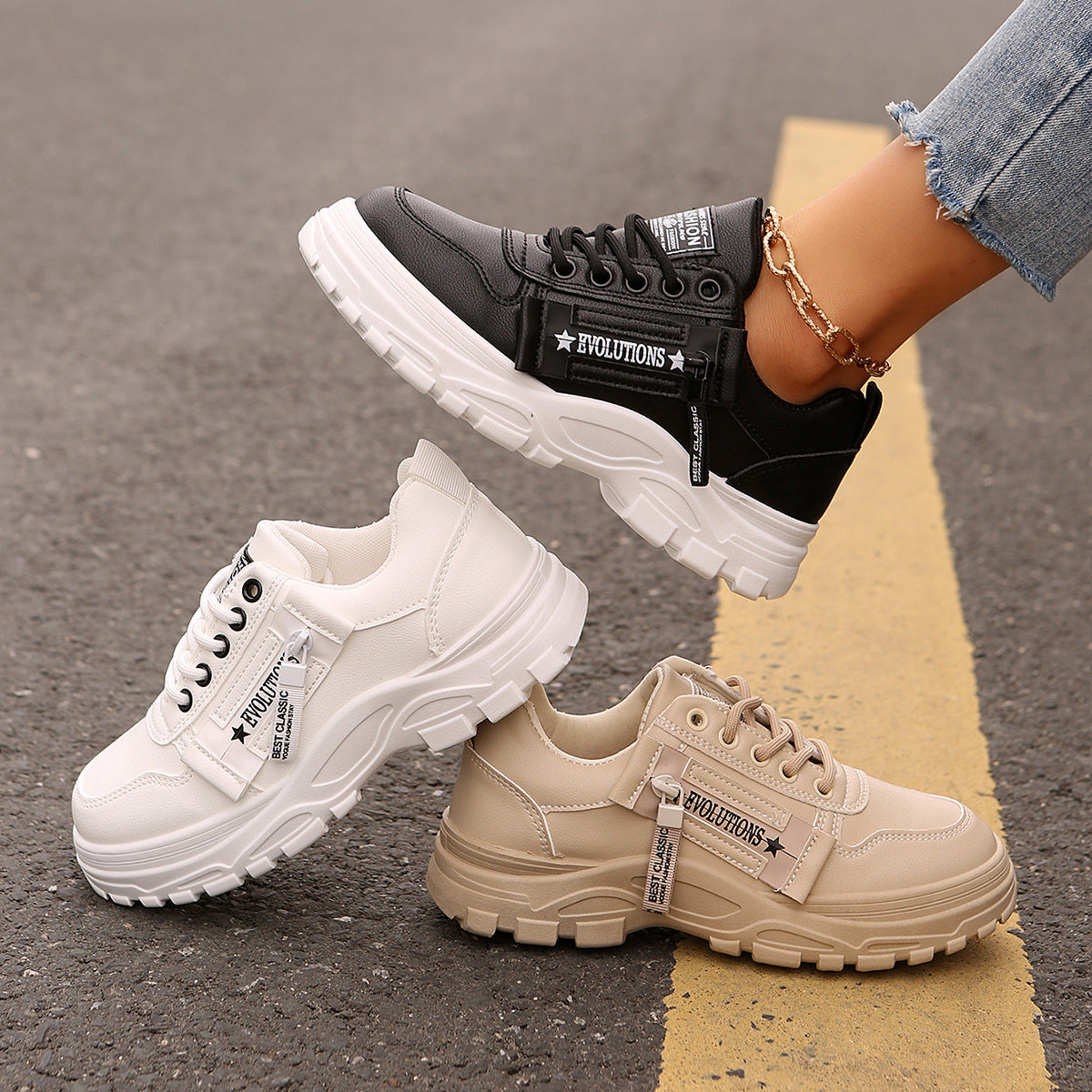 Aurelian & Co. Women's Fashion Sneakers – Lace-Up with Side Zipper, Thick Sole, Round Toe Design