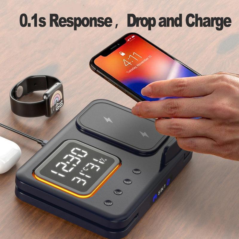 Aurelian & Co. 15W 5-in-1 Wireless Charging Stand – Fast Charge Dock with LED Digital Clock, Alarm, Temperature & Humidity Display