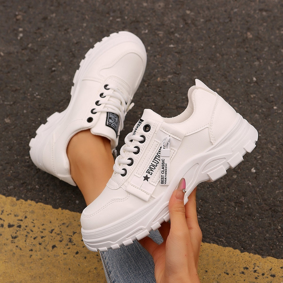 Aurelian & Co. Women's Fashion Sneakers – Lace-Up with Side Zipper, Thick Sole, Round Toe Design