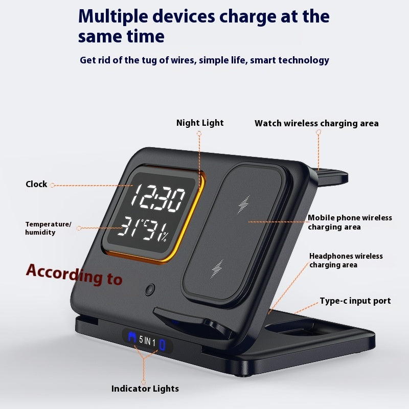 Aurelian & Co. 15W 5-in-1 Wireless Charging Stand – Fast Charge Dock with LED Digital Clock, Alarm, Temperature & Humidity Display
