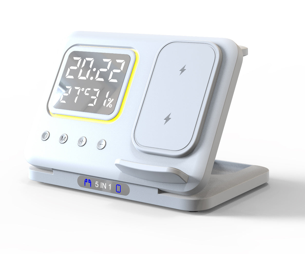 Aurelian & Co. 15W 5-in-1 Wireless Charging Stand – Fast Charge Dock with LED Digital Clock, Alarm, Temperature & Humidity Display