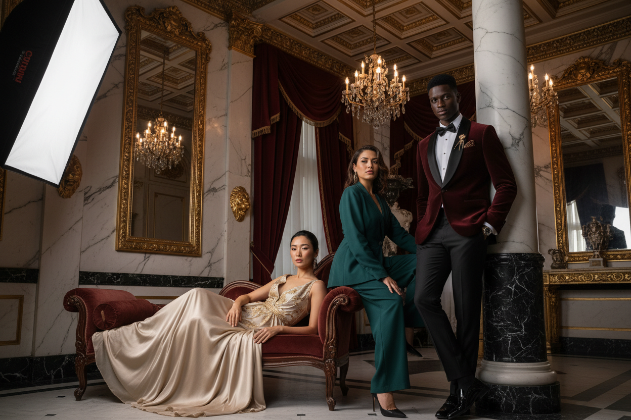 3 models 2 girls 1 guy different races, posing in luxurious background 