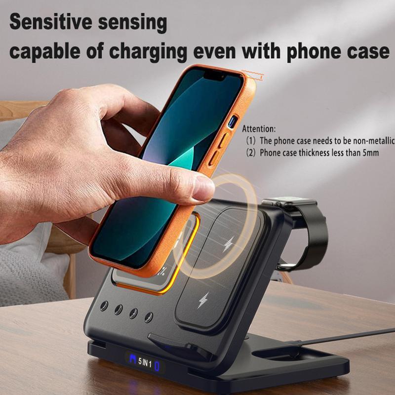 Aurelian & Co. 15W 5-in-1 Wireless Charging Stand – Fast Charge Dock with LED Digital Clock, Alarm, Temperature & Humidity Display