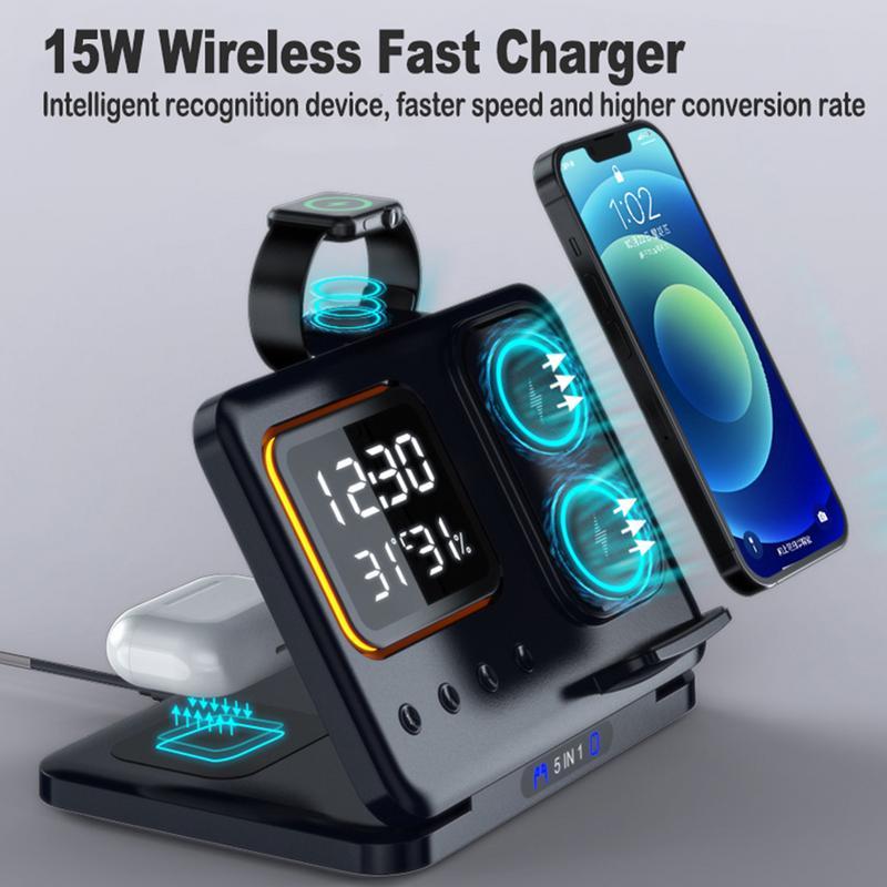 Aurelian & Co. 15W 5-in-1 Wireless Charging Stand – Fast Charge Dock with LED Digital Clock, Alarm, Temperature & Humidity Display