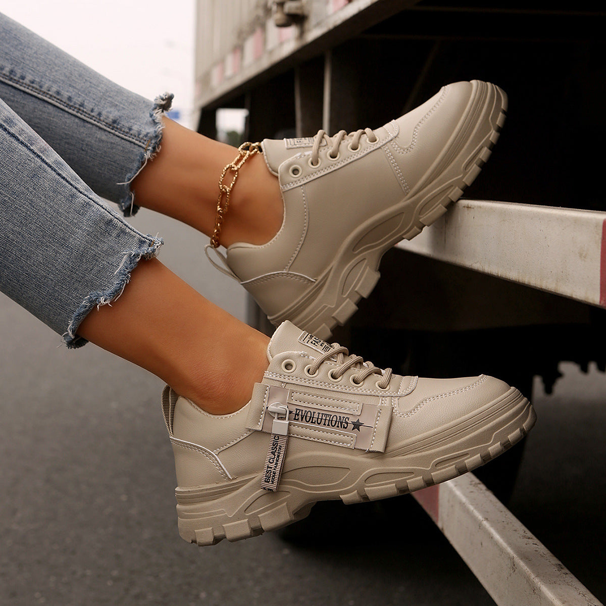 Aurelian & Co. Women's Fashion Sneakers – Lace-Up with Side Zipper, Thick Sole, Round Toe Design