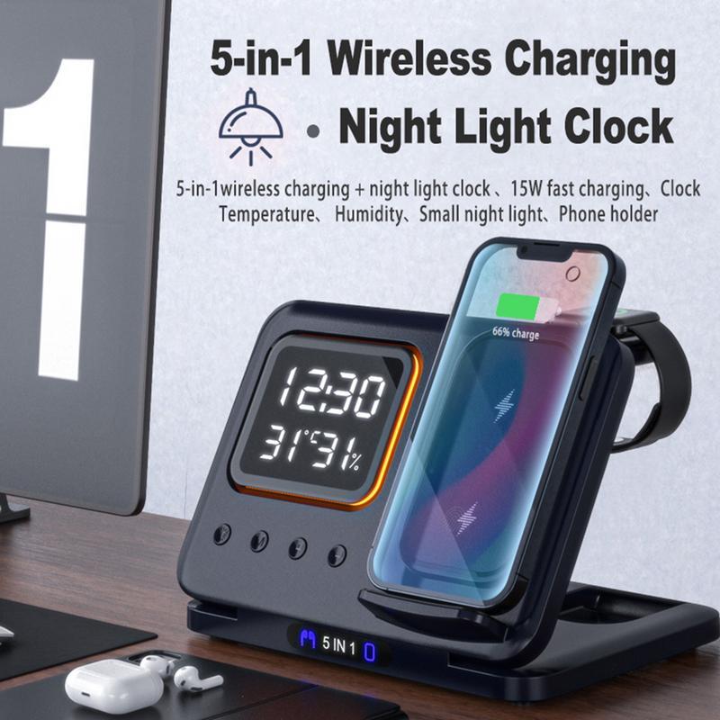 Aurelian & Co. 15W 5-in-1 Wireless Charging Stand – Fast Charge Dock with LED Digital Clock, Alarm, Temperature & Humidity Display