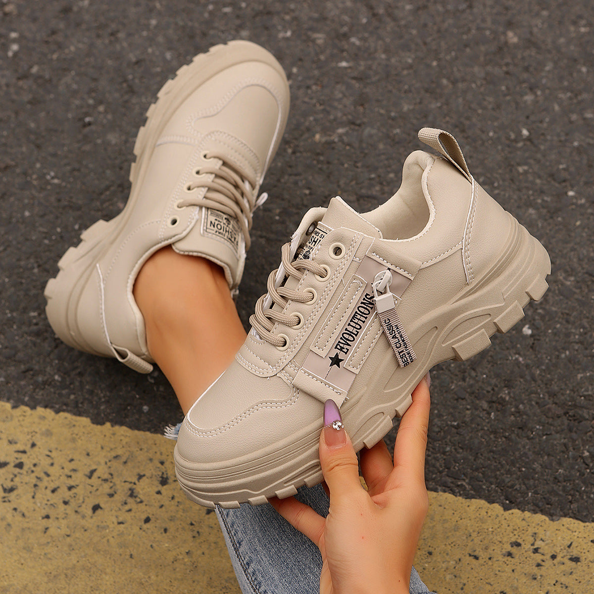 Aurelian & Co. Women's Fashion Sneakers – Lace-Up with Side Zipper, Thick Sole, Round Toe Design