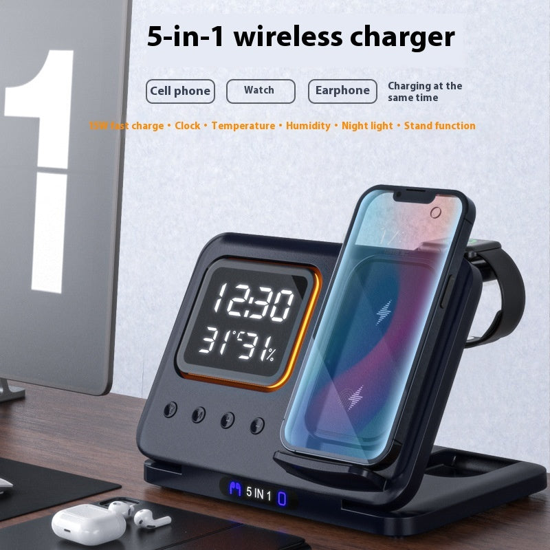 Aurelian & Co. 15W 5-in-1 Wireless Charging Stand – Fast Charge Dock with LED Digital Clock, Alarm, Temperature & Humidity Display