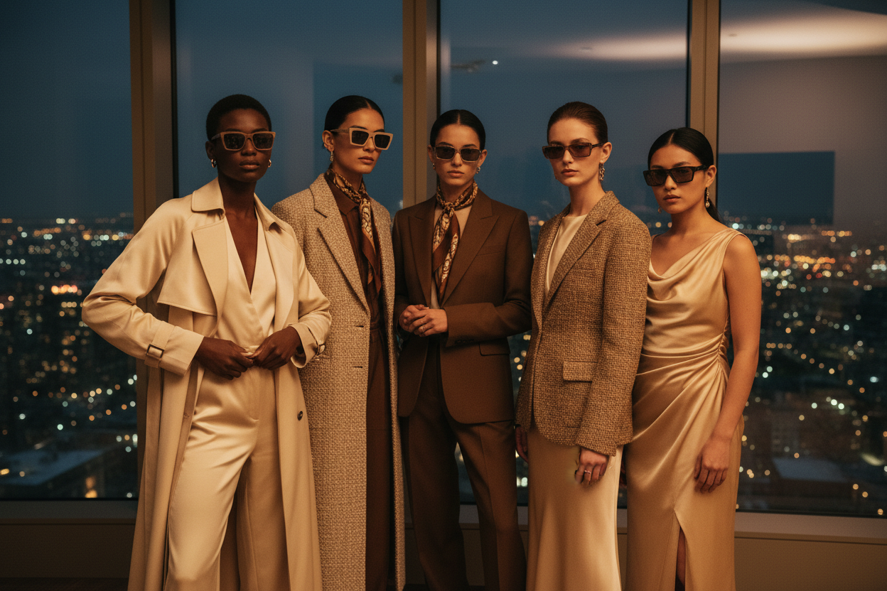 models different races posing in ultra luxurious skyscraper background wearing shades, piercings and nice fashionable clothes at night